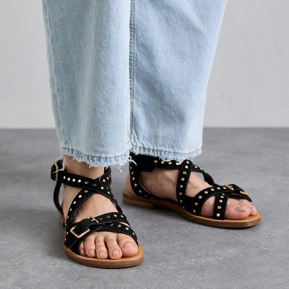NIB Zadig & Voltaire Cecilia Studs Caprese Sandals Black Suede Strappy Sz 41